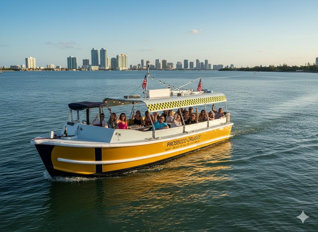 The Prosecco Cruises boat — yellow and black vessel on Biscayne Bay