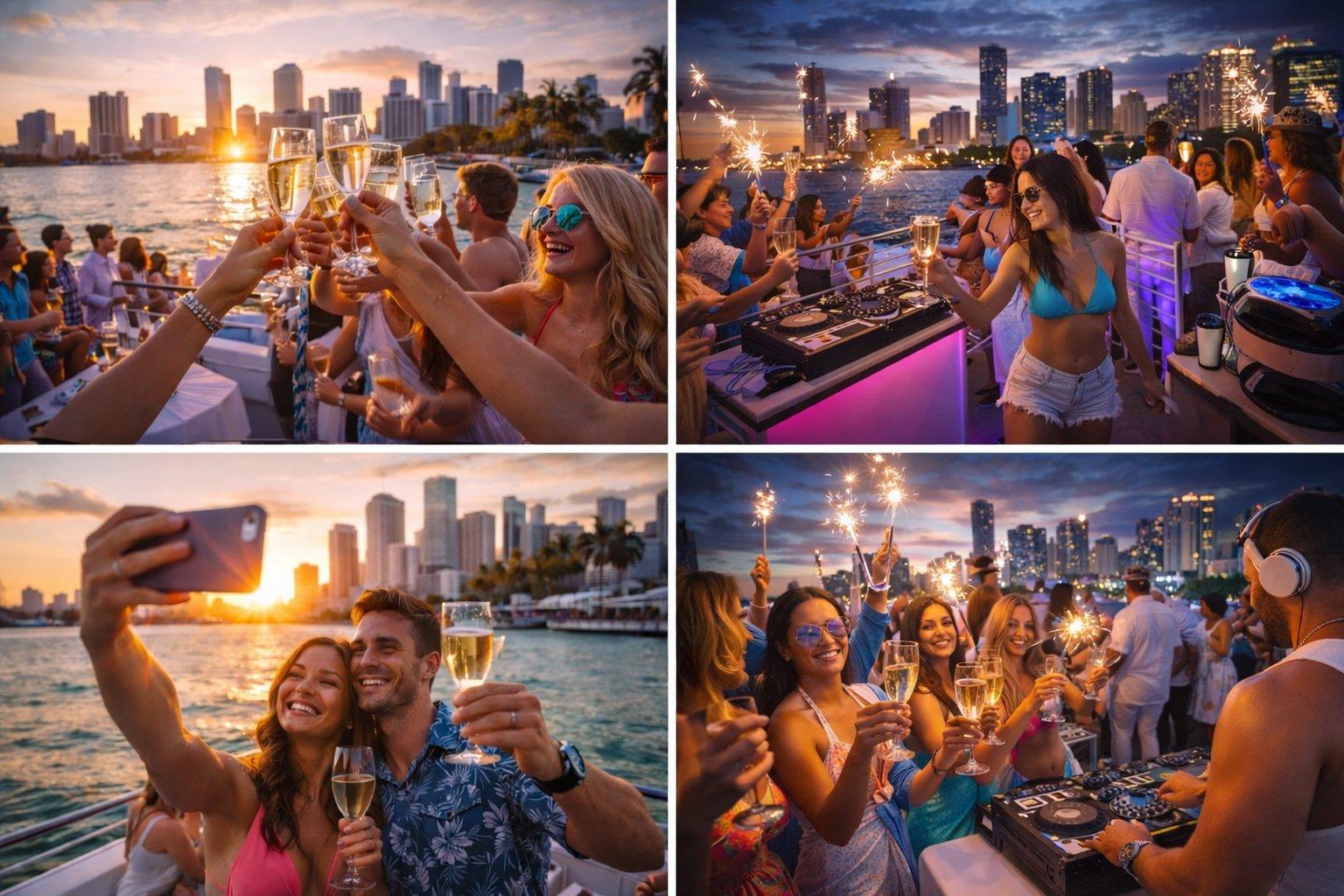 Prosecco Cruises party scenes — sunset selfies, sparklers, DJ, and toasting on Biscayne Bay