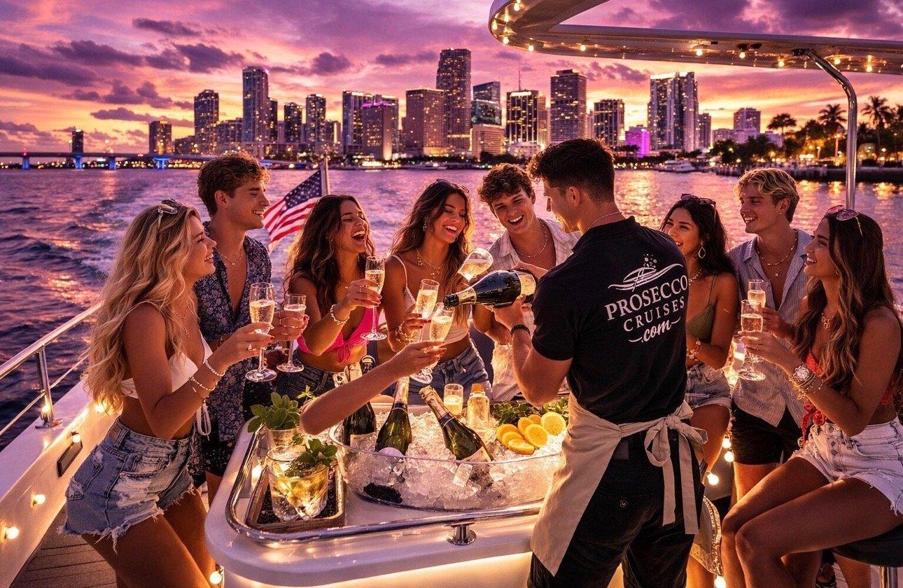 Group celebrating on Prosecco cruise at sunset with string lights