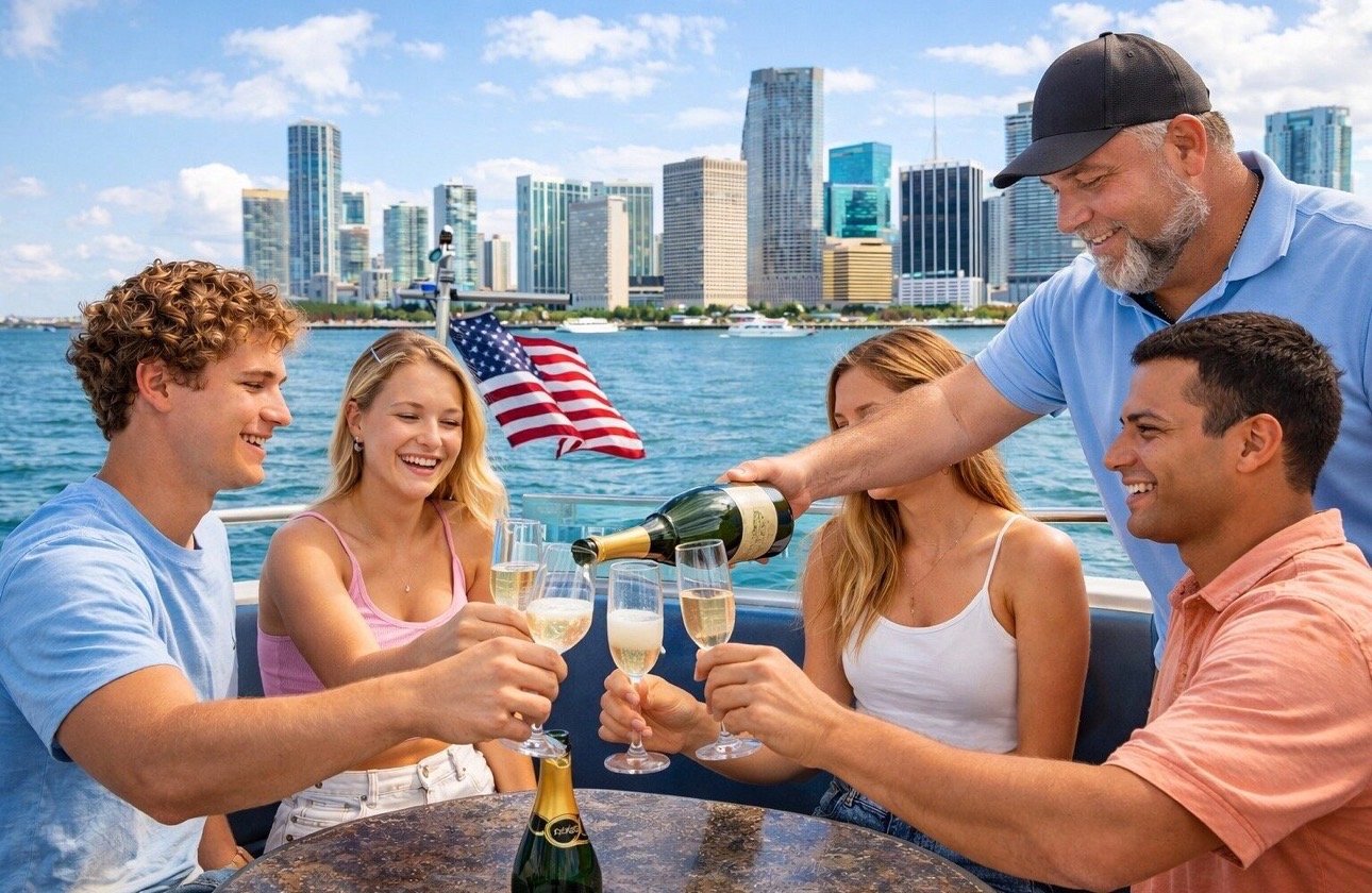 Captain pouring Prosecco for guests on Biscayne Bay cruise