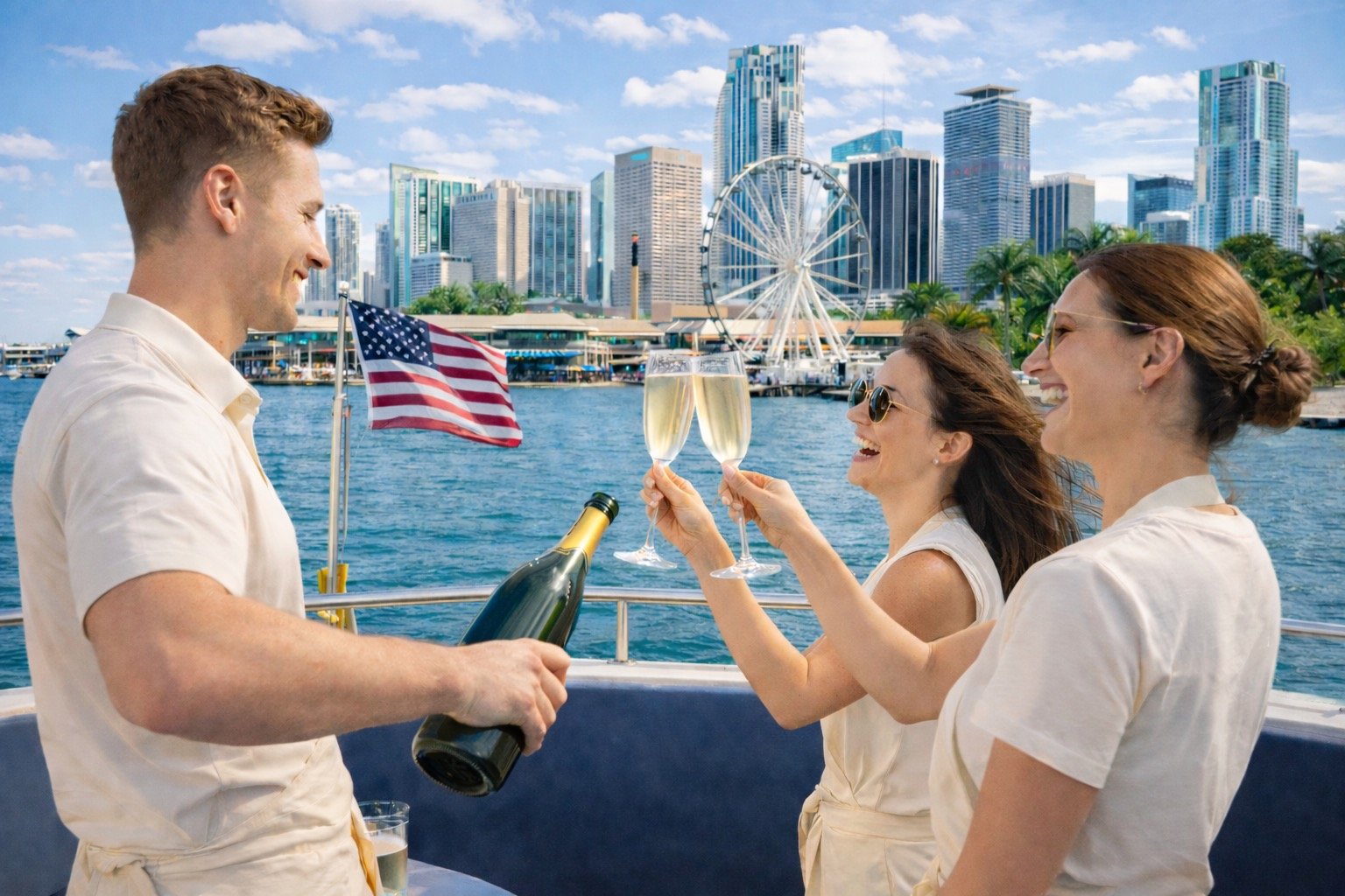 Crew serving Prosecco to guests with Bayside Miami in background