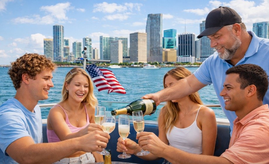 Captain pouring Prosecco for young guests with Miami skyline and American flag