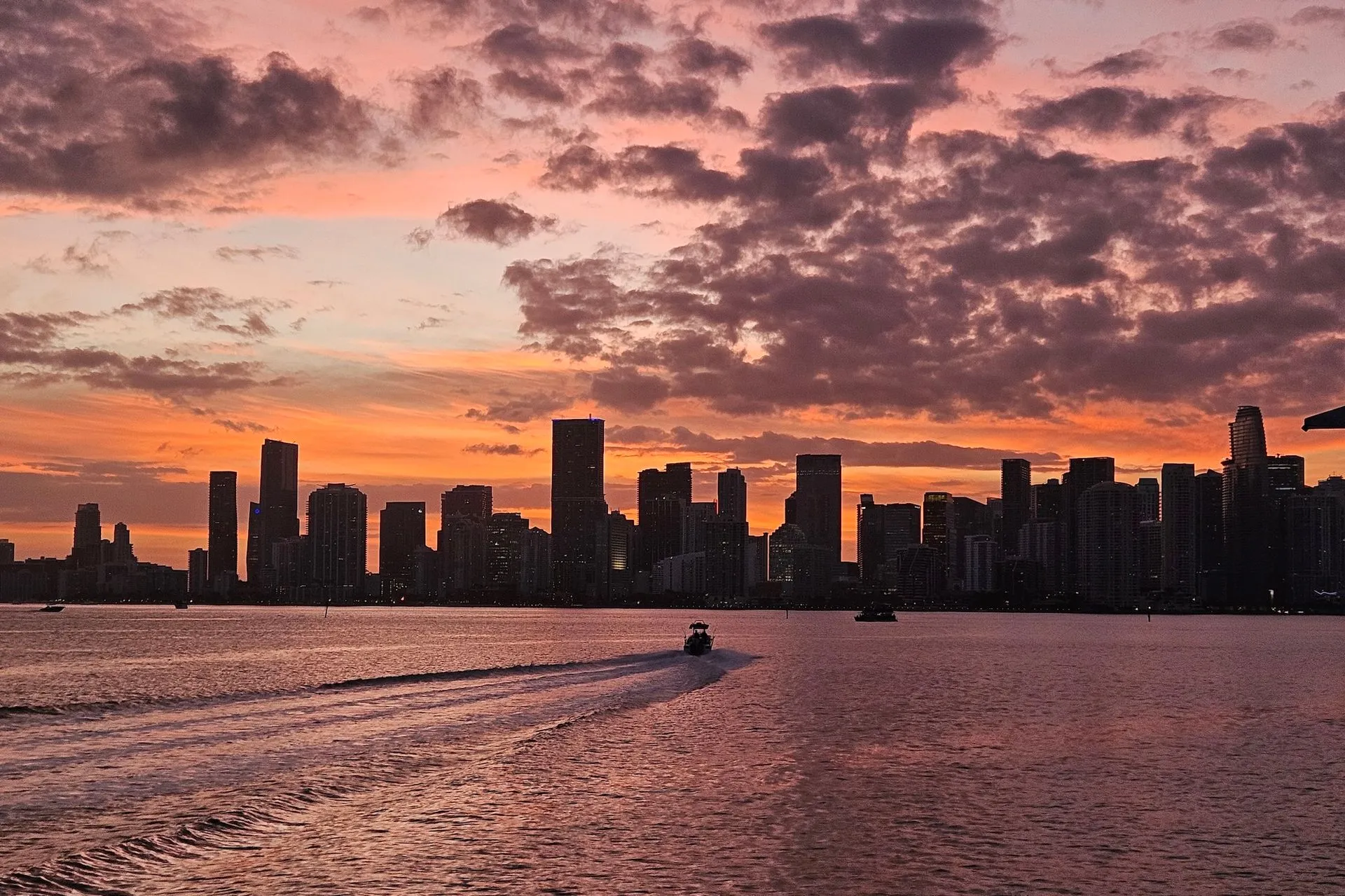 Miami skyline at sunset over Biscayne Bay