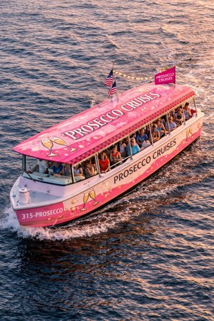 The Prosecco Cruises pink boat on Biscayne Bay, Miami