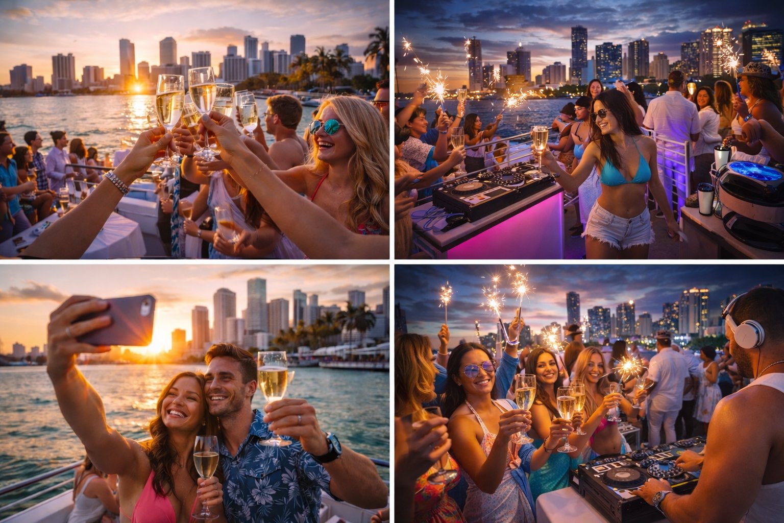 Prosecco Cruises party scenes — sunset selfies, sparklers, DJ, and toasting on Biscayne Bay
